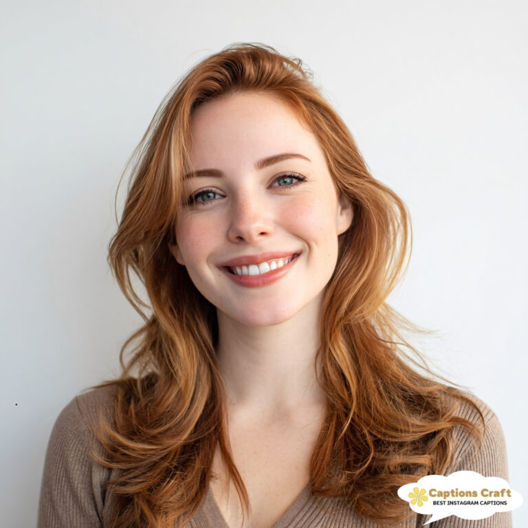 Smiling woman with wavy red hair, wearing a beige sweater, against a white background.