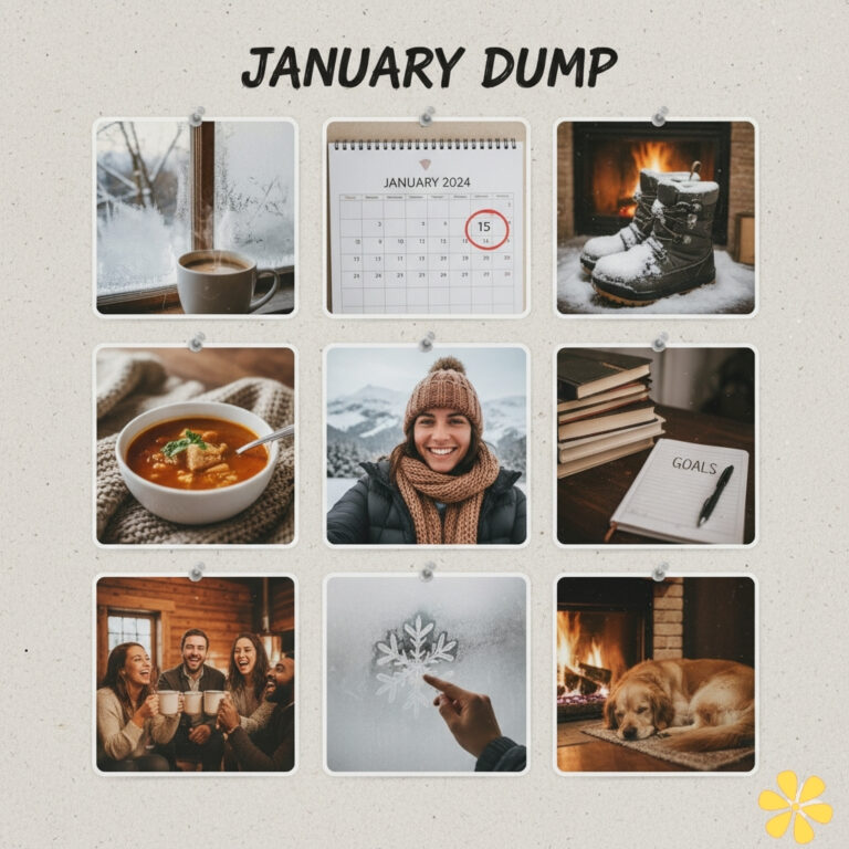 A cozy collage of winter moments, including coffee, snow, and friends.