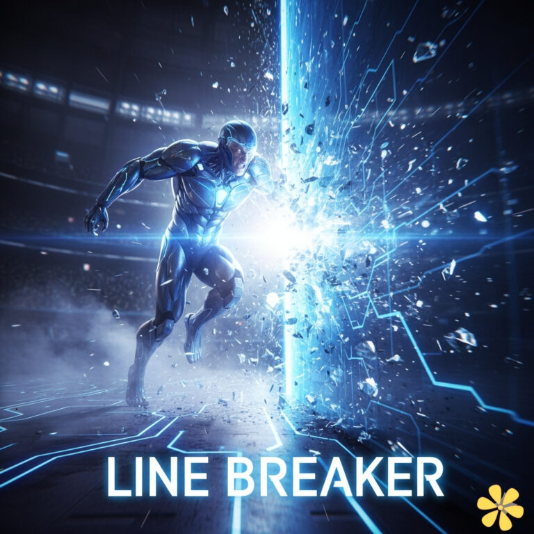 A futuristic hero bursts through a digital barrier, surrounded by shards and light.