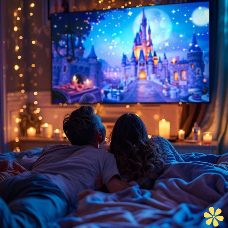 Couple cuddles on bed watching a Disney castle scene on TV, surrounded by candles and fairy lights.