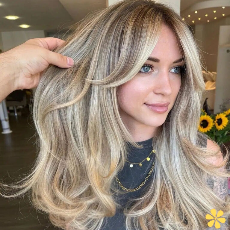 A woman with long, wavy blonde hair smiles softly, her hair being gently lifted by a hand.