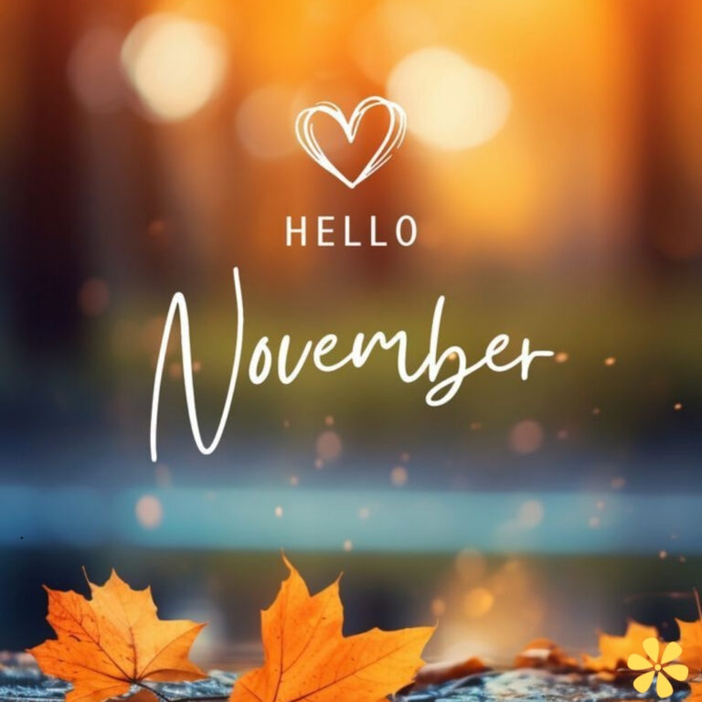 Warm autumn scene with falling leaves and a glowing background. Heart symbol above text.