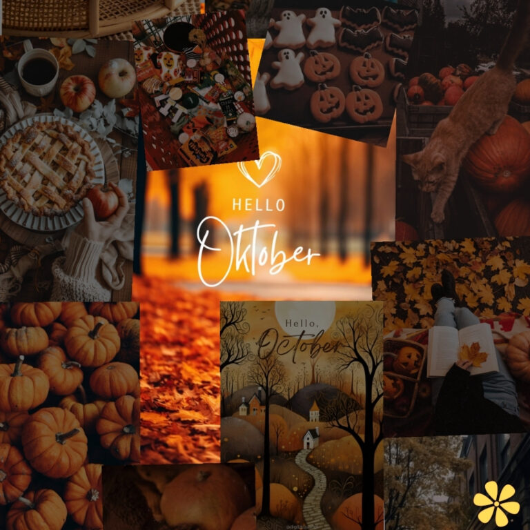 A cozy autumn collage with pumpkins, coffee, and fall leaves.