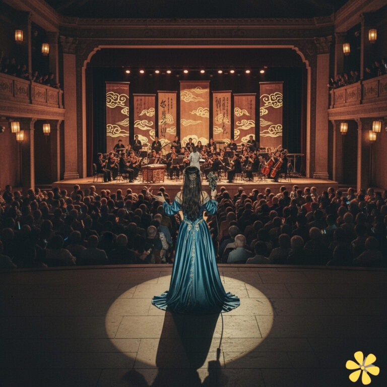 A performer in a stunning blue gown stands before an orchestra, illuminated in a spotlight.