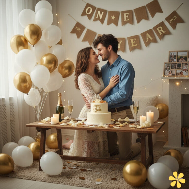 Couple embraces in a cozy room, celebrating with a cake and balloons.