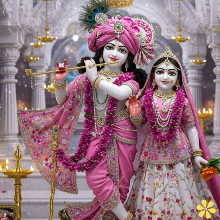 Statues of Krishna and Radha, adorned in pink garments, with floral garlands, in a decorated temple.