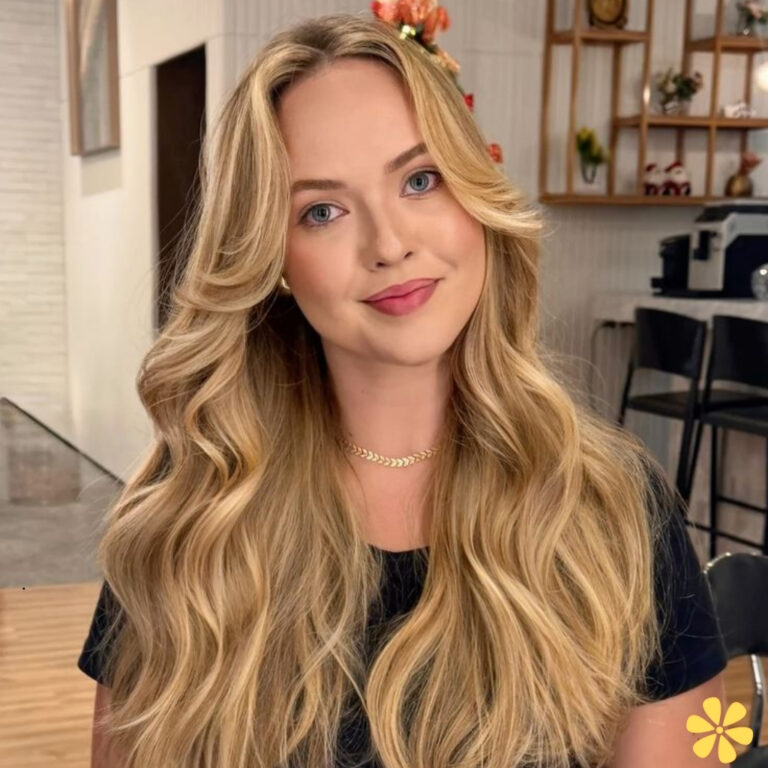 Blonde woman with long, wavy hair smiles warmly at the camera.