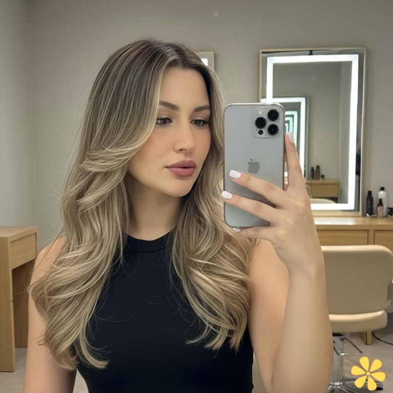A woman with long, wavy hair poses confidently in front of a mirror, holding her phone.