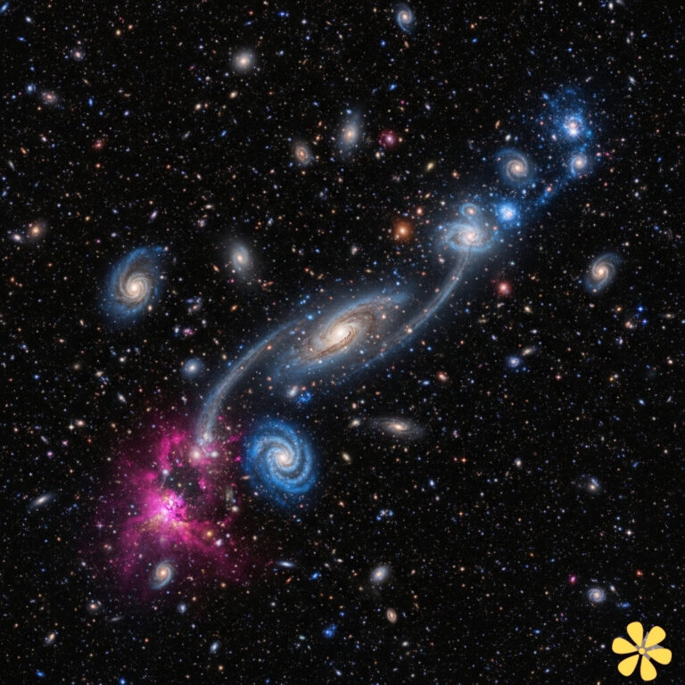 A breathtaking view of a galaxy cluster with swirling galaxies and vibrant colors.