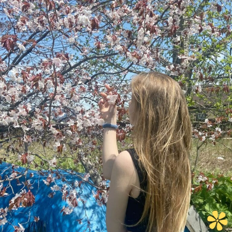 A young person gently touches blooming cherry blossoms, their long hair glistening in the sunlight.