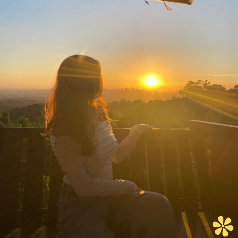Silhouette of a woman watching a sunset, sunlight glimmers around her.