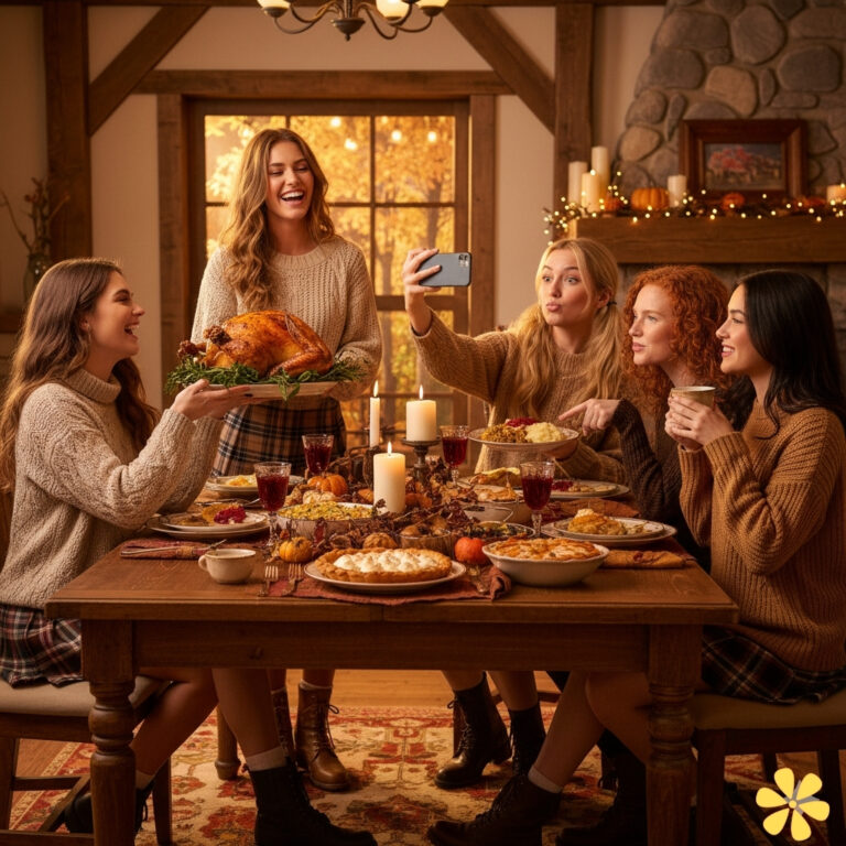 Five friends in cozy sweaters gather around a festive table with a turkey and autumn dishes, smiling and taking selfies.