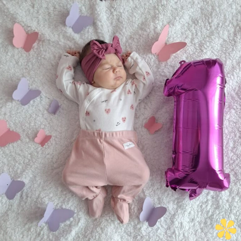 Baby girl in pink outfit lies on white blanket surrounded by butterflies and a purple '1' balloon.