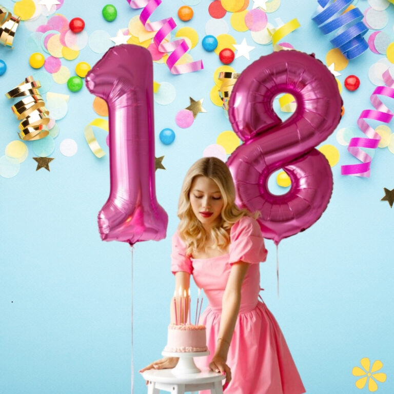 Young woman in pink dress with cake and balloons celebrating 18th birthday.
