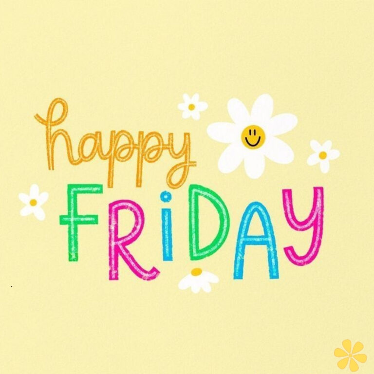 Bright, playful lettering spells 'happy FRIDAY' with daisies and a smiley face on soft yellow.