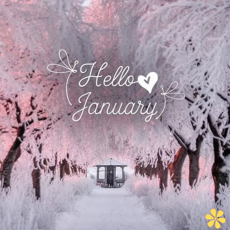 Frost-covered trees frame a serene pathway leading to a cozy gazebo, with soft pink hues enhancing the winter scene.