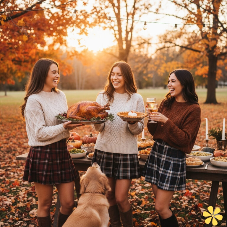 Three friends in cozy sweaters celebrate Thanksgiving with a turkey and festive table.