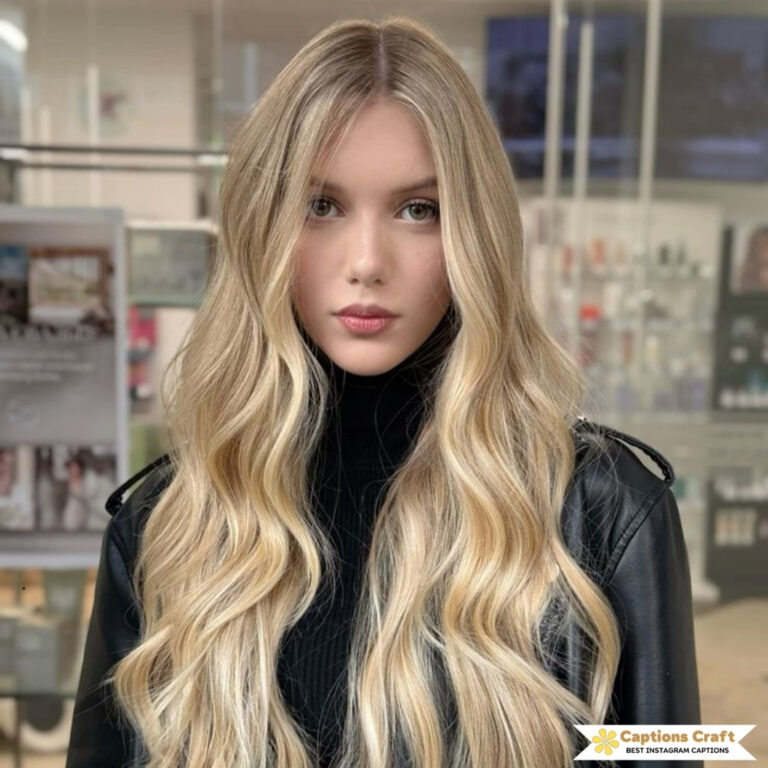 Blonde model with long, wavy hair and a black turtleneck.