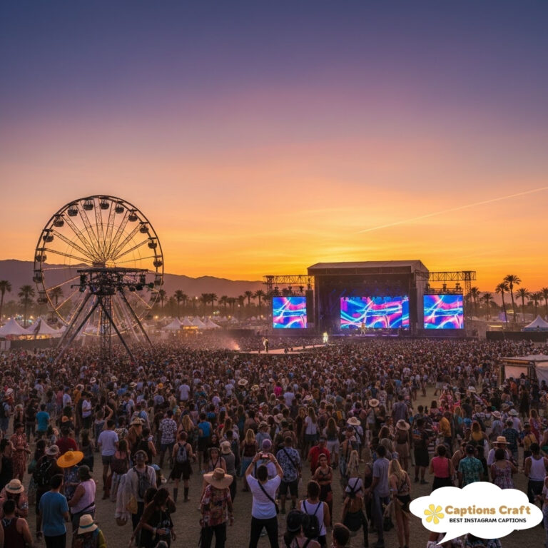 A crowded music festival at sunset with a Ferris wheel in the background.