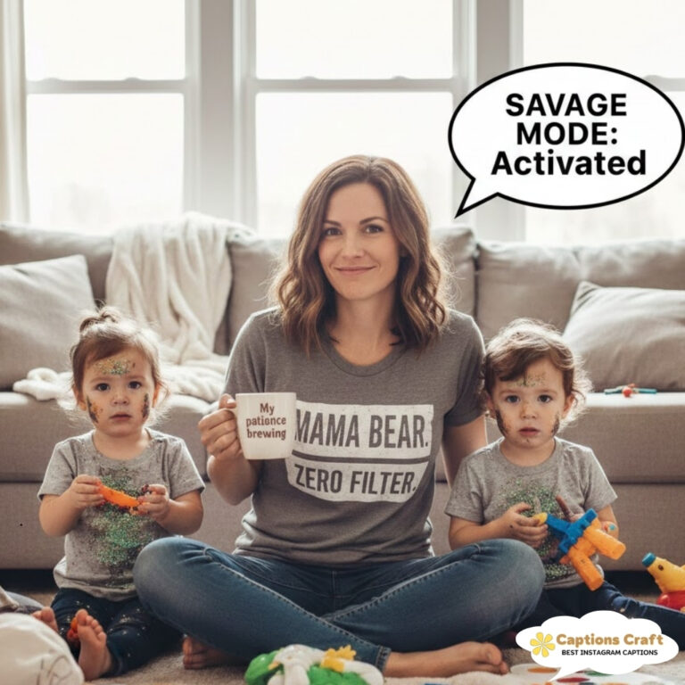 Mom holding a mug with kids on either side, all looking playful and messy.