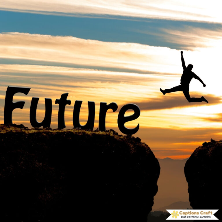 Silhouette of a person jumping between cliffs with 'Future' in the foreground.