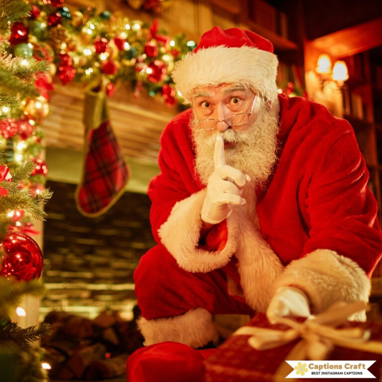 Santa Claus in a cozy room with Christmas decorations, putting a finger to his lips.